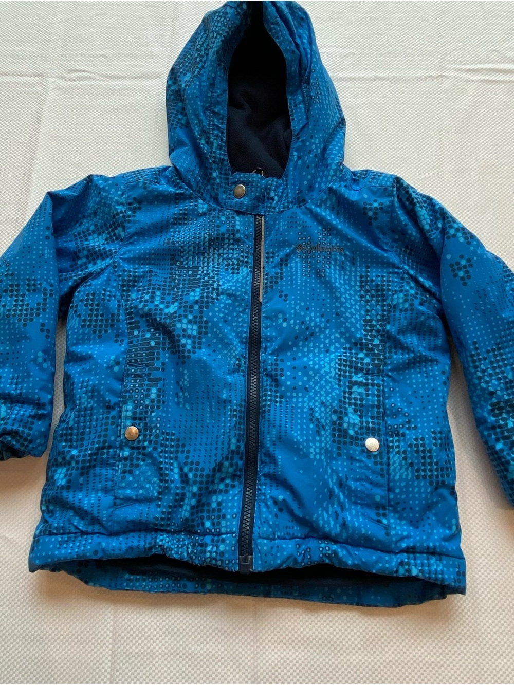 Kids Blue Hooded Puffer Jacket with Subtle Dot Pattern
